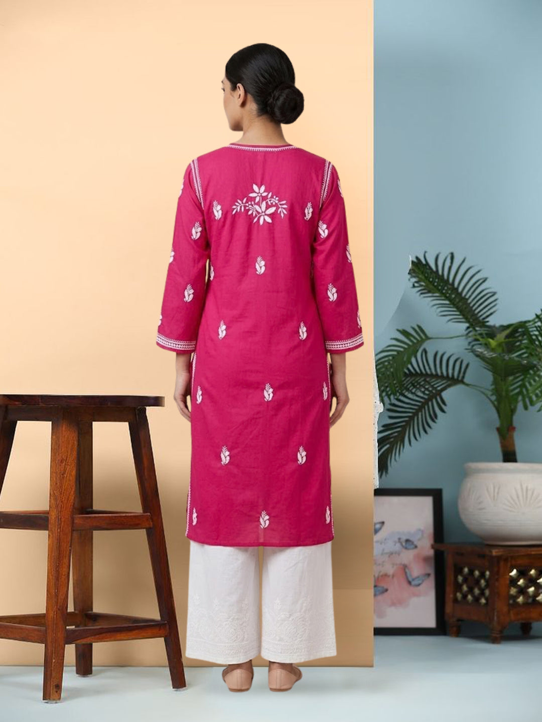 Hand Embroidered Chikankari Cotton Straight Kurta- PC3372 Magenta