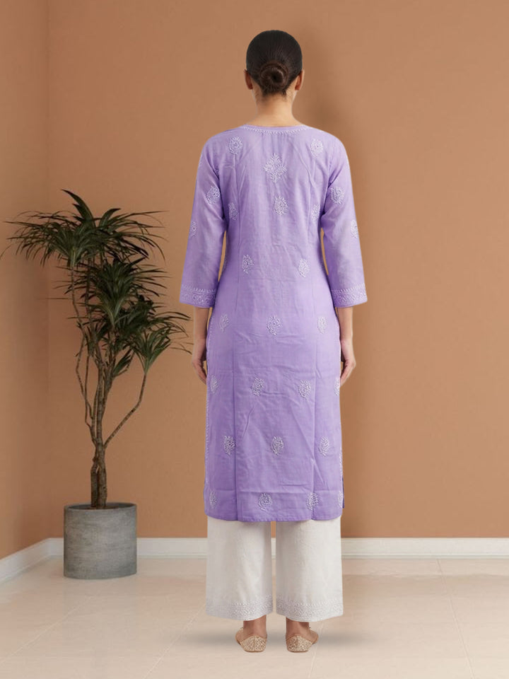 Hand Embroidered Chikankari Cotton Straight Kurta- PC3579 Purple