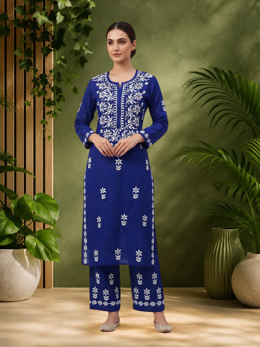 Women Hand Embroidered Chikankari Cotton Kurta Set PC4135KS Royalblue