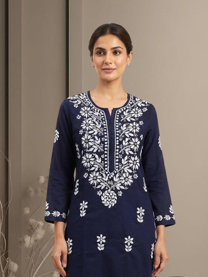 Women Hand Embroidered Chikankari Cotton Kurta Set PC4135KS Navy