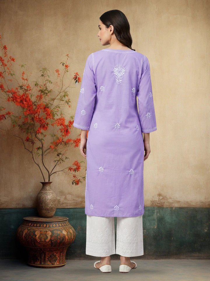 Hand Embroidered Chikankari Straight Floral  Cotton Kurta -NTV115 Purple