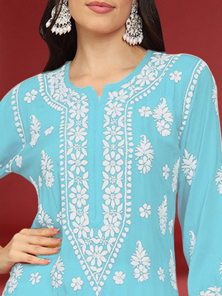 Hand Embroidered Chikankari Modal Straight Kurta- PC4042 Skyblue