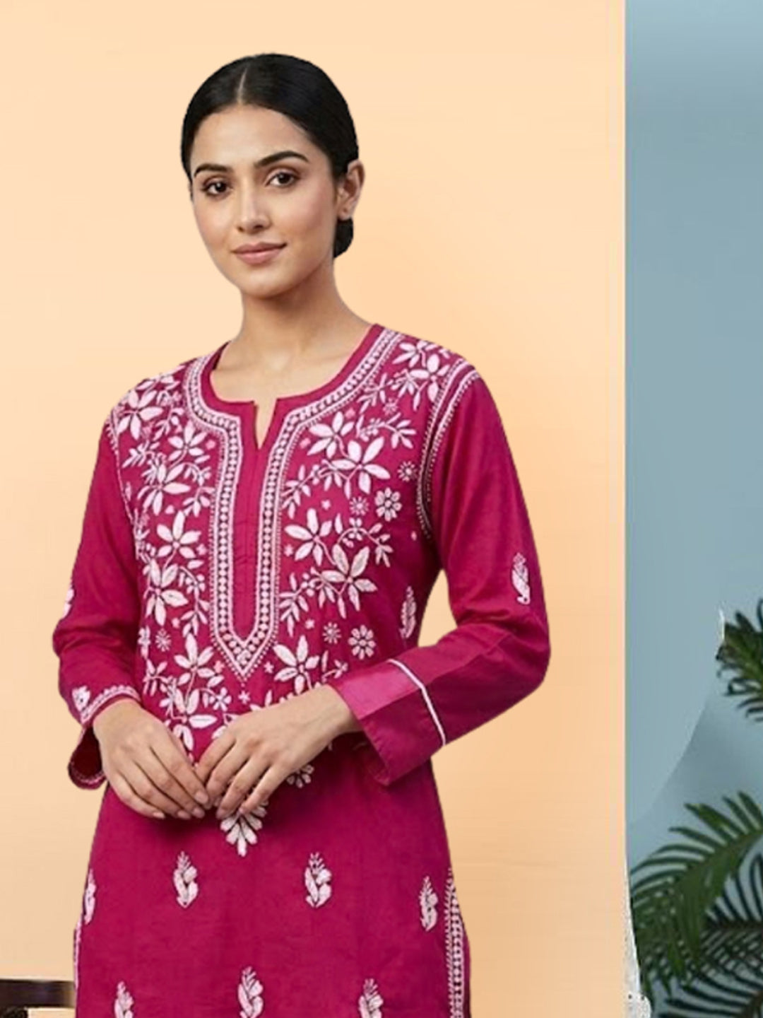 Hand Embroidered Chikankari Cotton Straight Kurta- PC3372 Magenta
