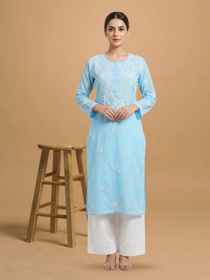 Hand Embroidered Chikankari Straight Floral  Cotton Kurta -NTV115 Skyblue