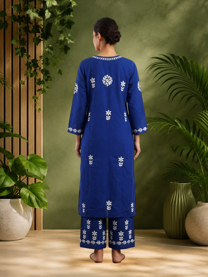 Women Hand Embroidered Chikankari Cotton Kurta Set PC4135KS Royalblue