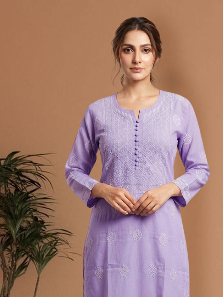 Hand Embroidered Chikankari Cotton Straight Kurta- PC3579 Purple