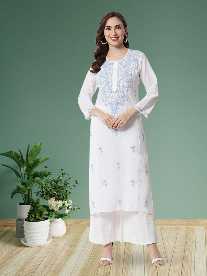 Hand Embroidered White Chikankari Cotton straight Kurta-PC3469