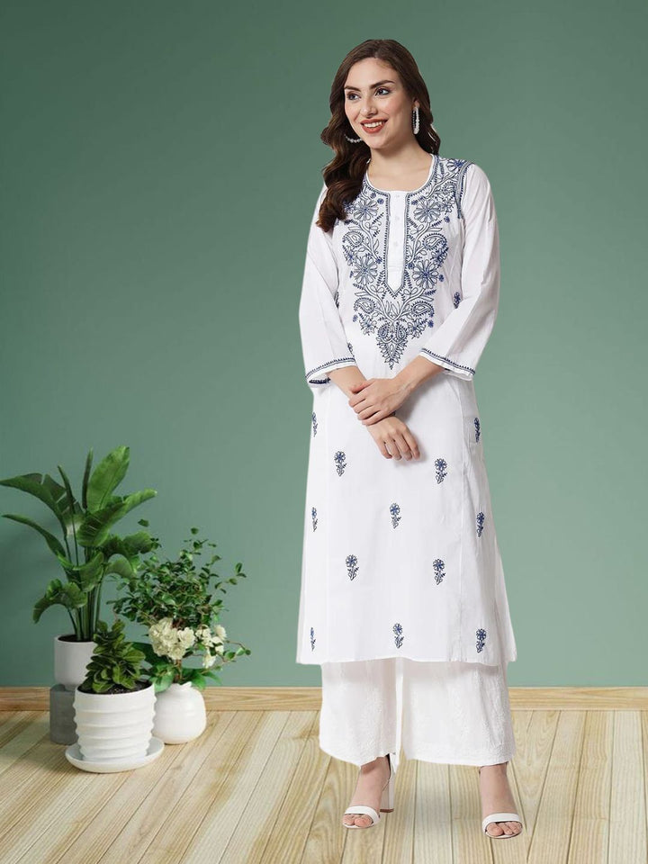 Hand Embroidered White Chikankari Cotton straight Kurta-PC3469