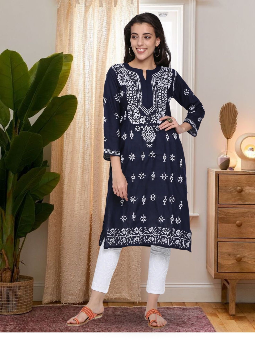 Chikankari Hand Embroidered Cotton Straight Kurta-PC3438