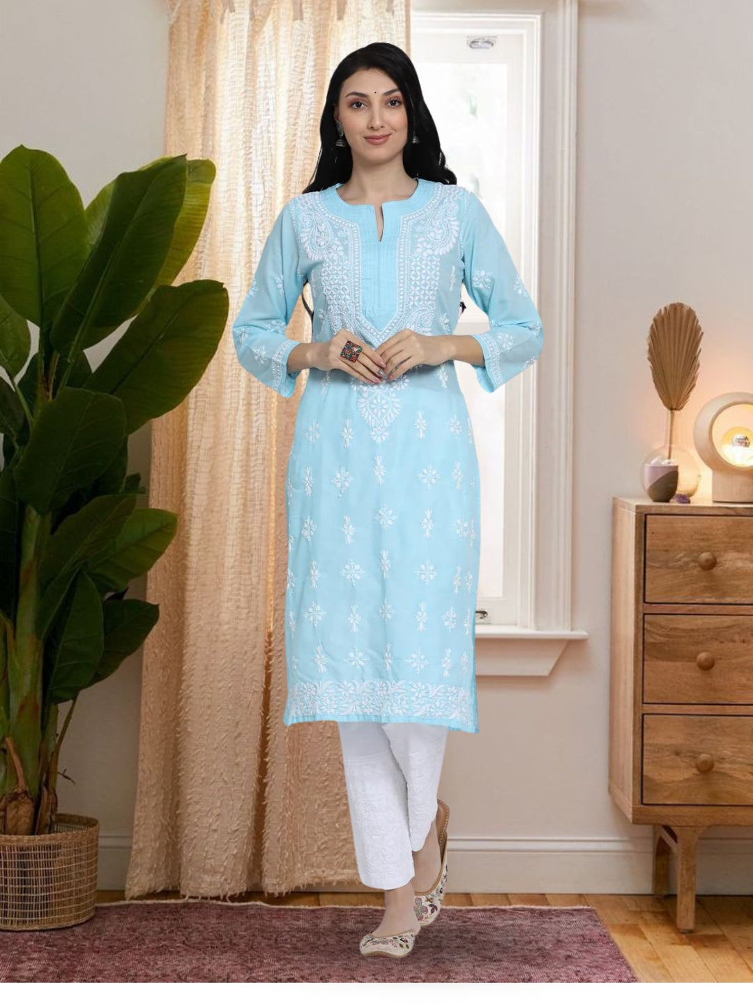 Chikankari Hand Embroidered Cotton Straight Kurta-PC3438