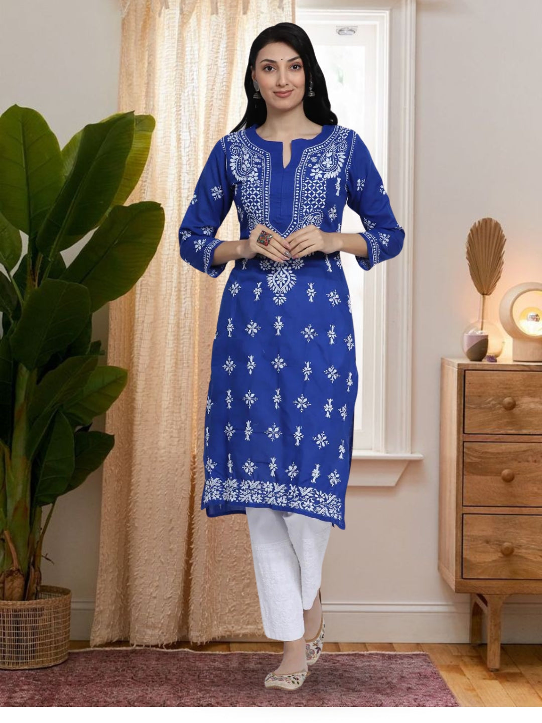 Chikankari Hand Embroidered Cotton Straight Kurta-PC3438