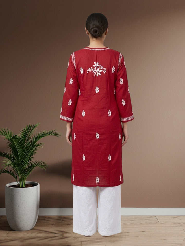 Hand Embroidered Chikankari Cotton Straight Kurta- PC3372 Red