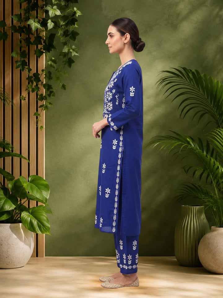 Women Hand Embroidered Chikankari Cotton Kurta Set PC4135KS Royalblue