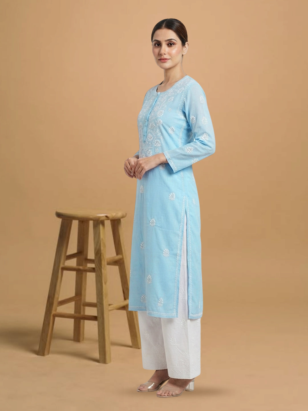 Hand Embroidered Chikankari Straight Floral  Cotton Kurta -NTV115 Skyblue