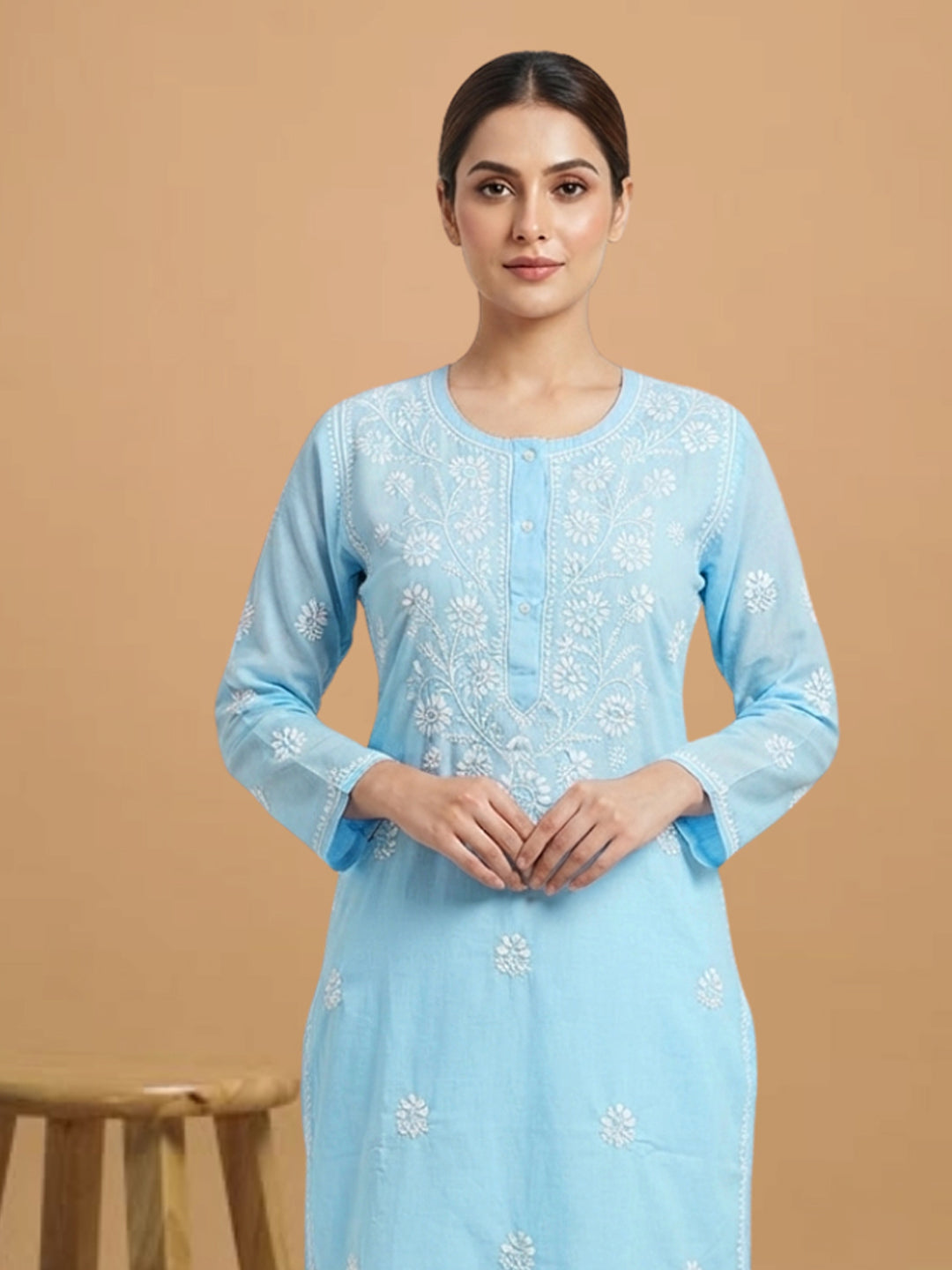 Hand Embroidered Chikankari Straight Floral  Cotton Kurta -NTV115 Skyblue