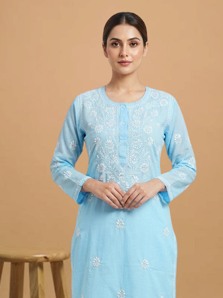 Hand Embroidered Chikankari Straight Floral  Cotton Kurta -NTV115 Skyblue