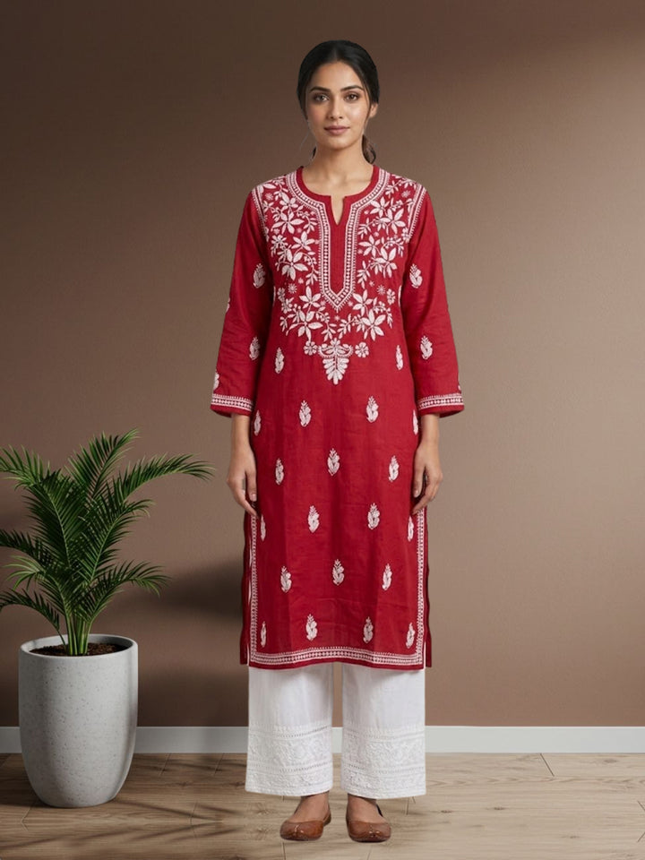 Hand Embroidered Chikankari Cotton Straight Kurta- PC3372 Red