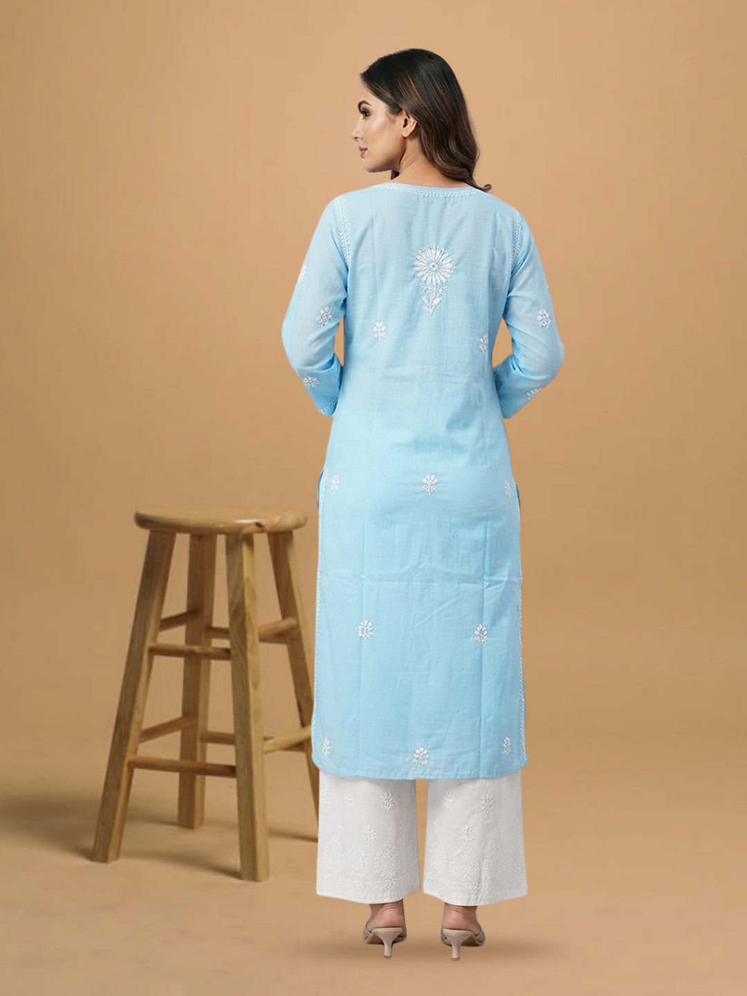 Hand Embroidered Chikankari Straight Floral  Cotton Kurta -NTV115 Skyblue