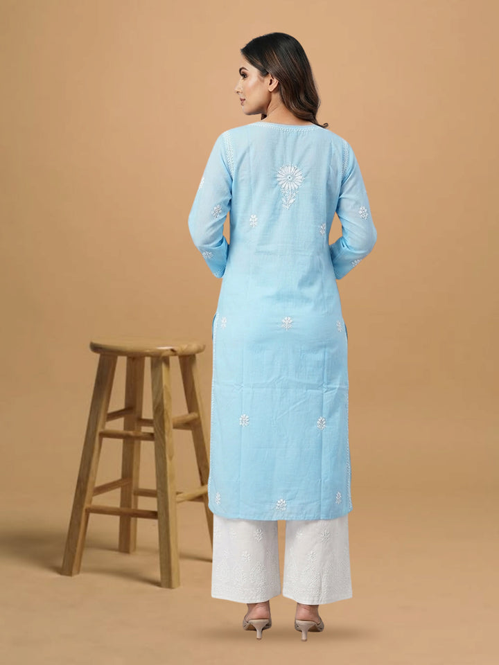 Hand Embroidered Chikankari Straight Floral  Cotton Kurta -NTV115 Skyblue