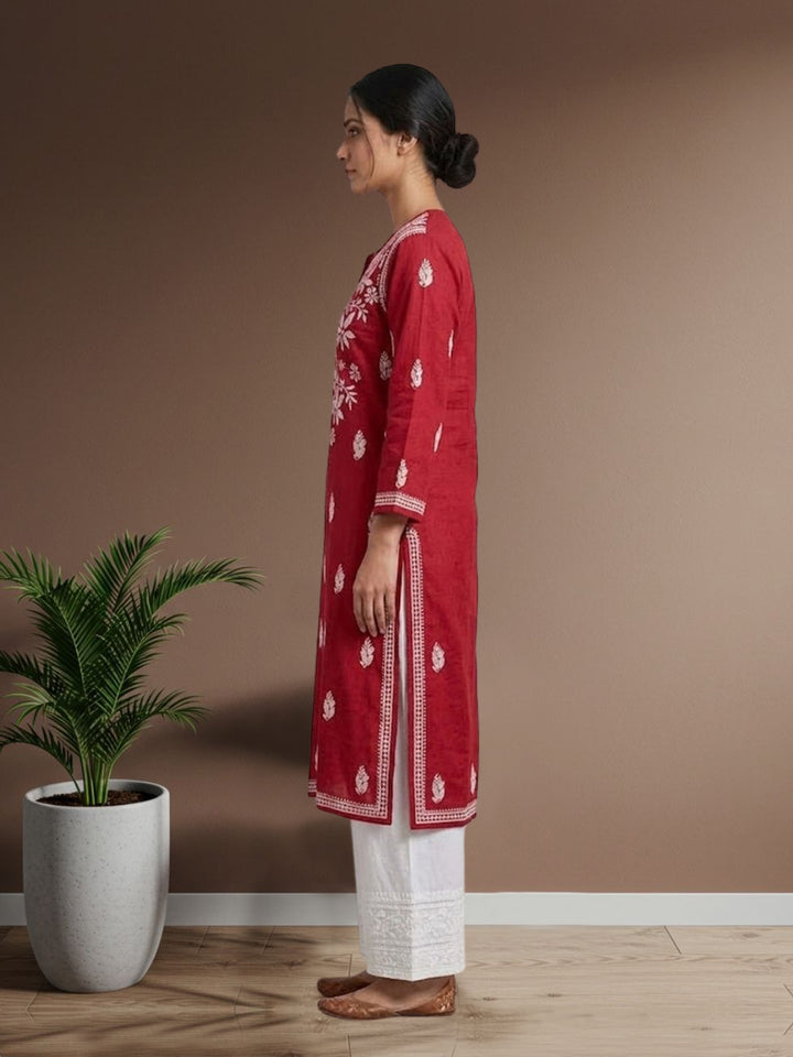 Hand Embroidered Chikankari Cotton Straight Kurta- PC3372 Red
