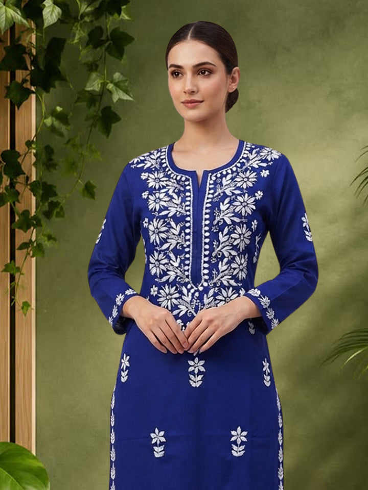 Women Hand Embroidered Chikankari Cotton Kurta Set PC4135KS Royalblue