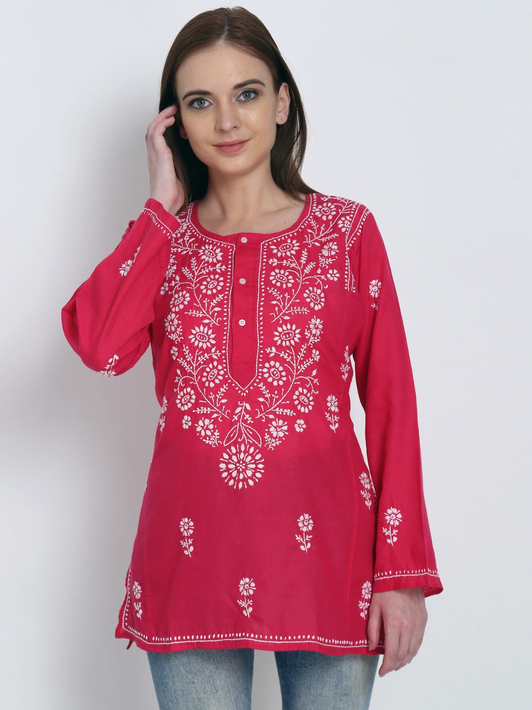 Women Hand Embroidered Chikankari Cotton Kurti-STV115