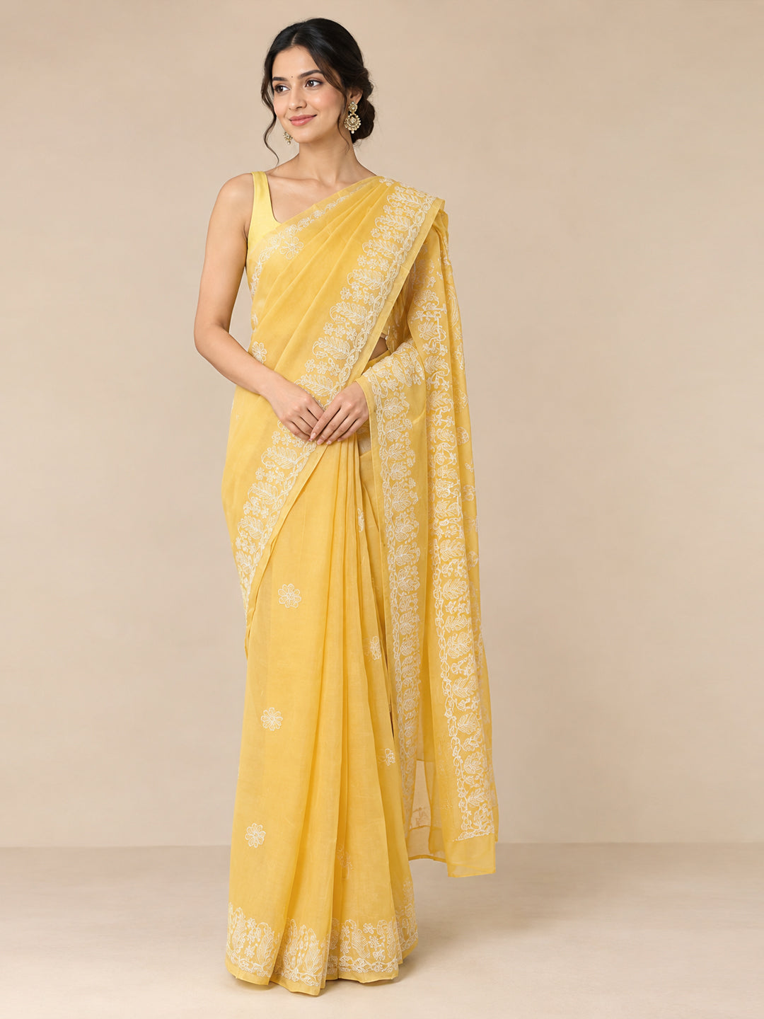 Hand Embroidered Chikankari Cotton Saree PCSAR02 Mustard