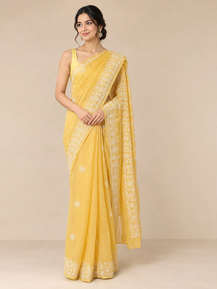 Hand Embroidered Chikankari Cotton Saree PCSAR02 Mustard