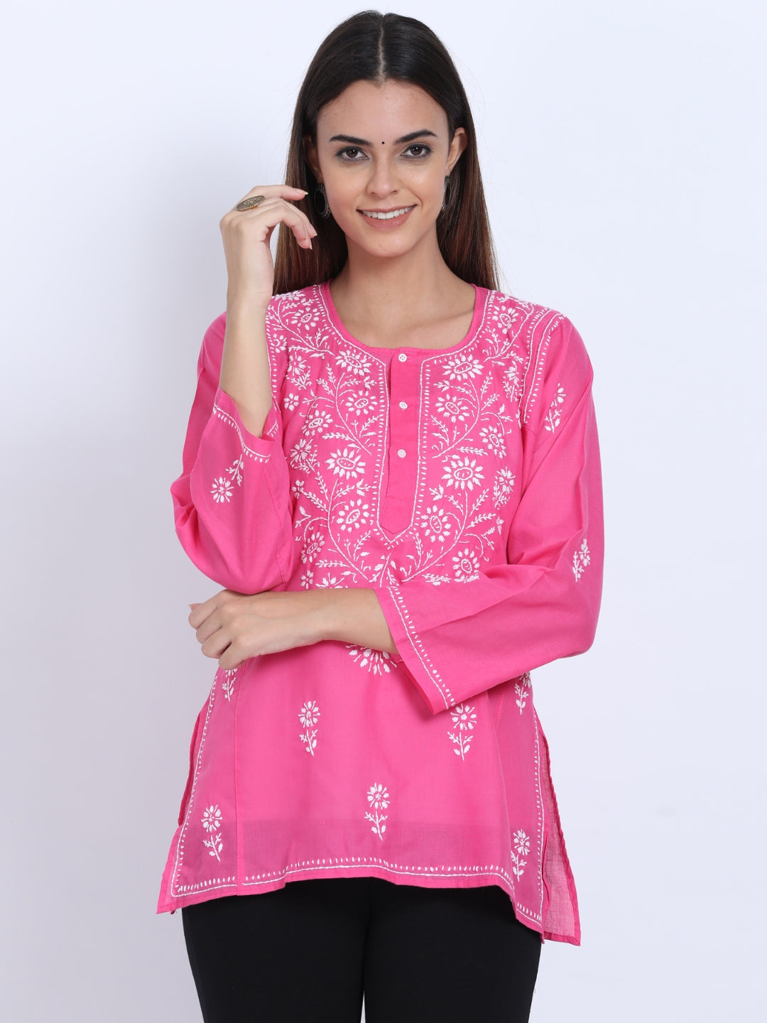 Women Hand Embroidered Chikankari Cotton Kurti-STV115