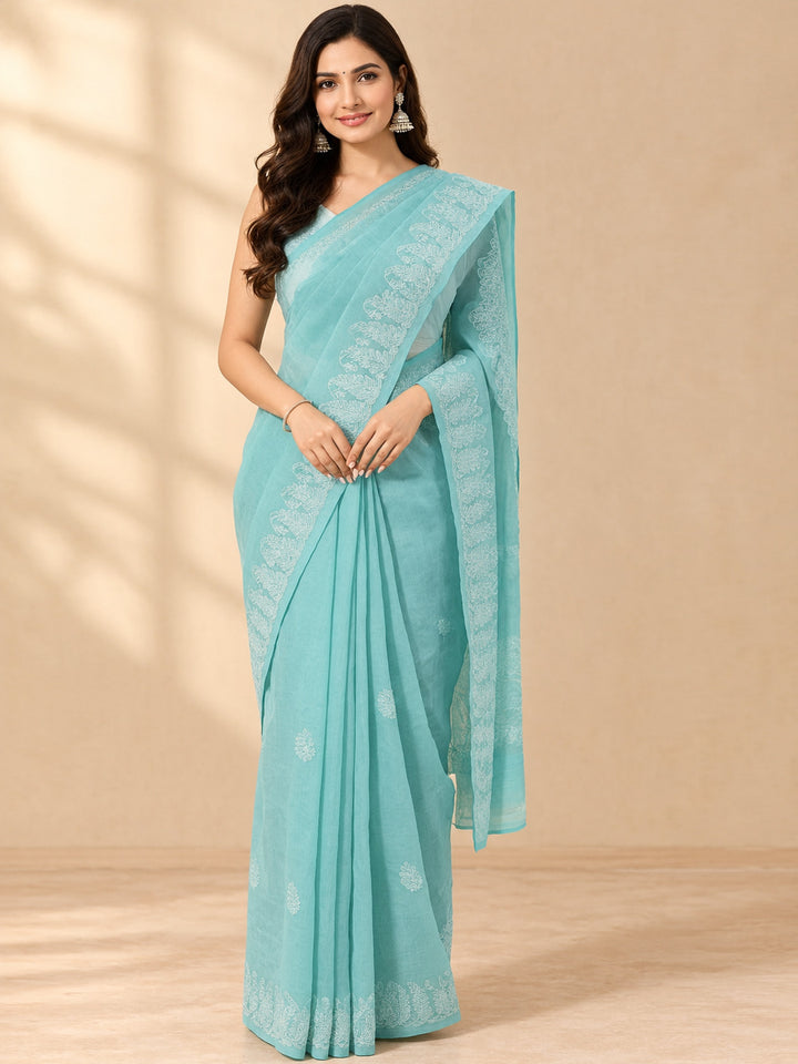 Hand Embroidered Chikankari Cotton Saree PCSAR02 Blue