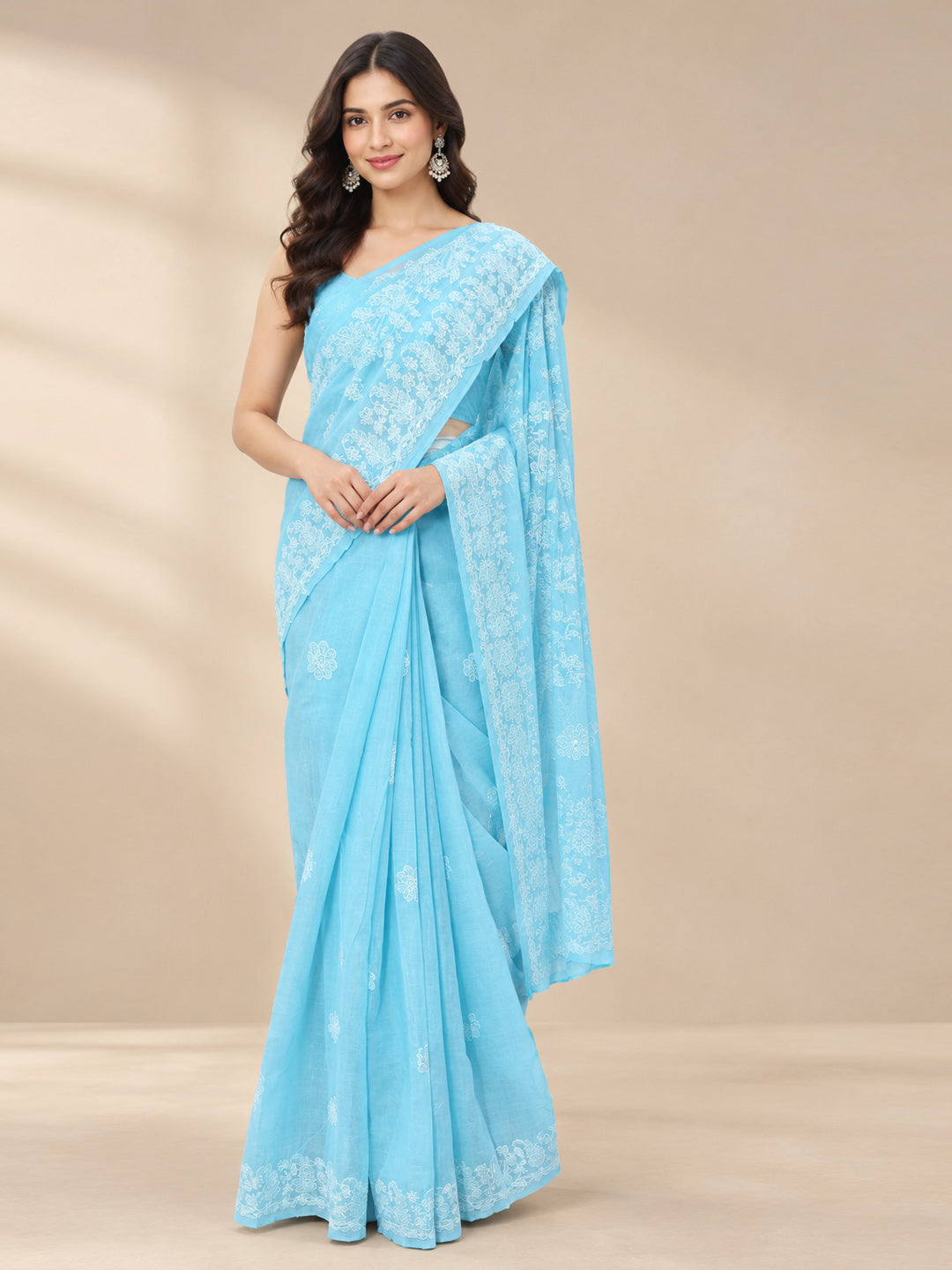 Hand Embroidered Chikankari Cotton Saree PCSAR02 Skyblue