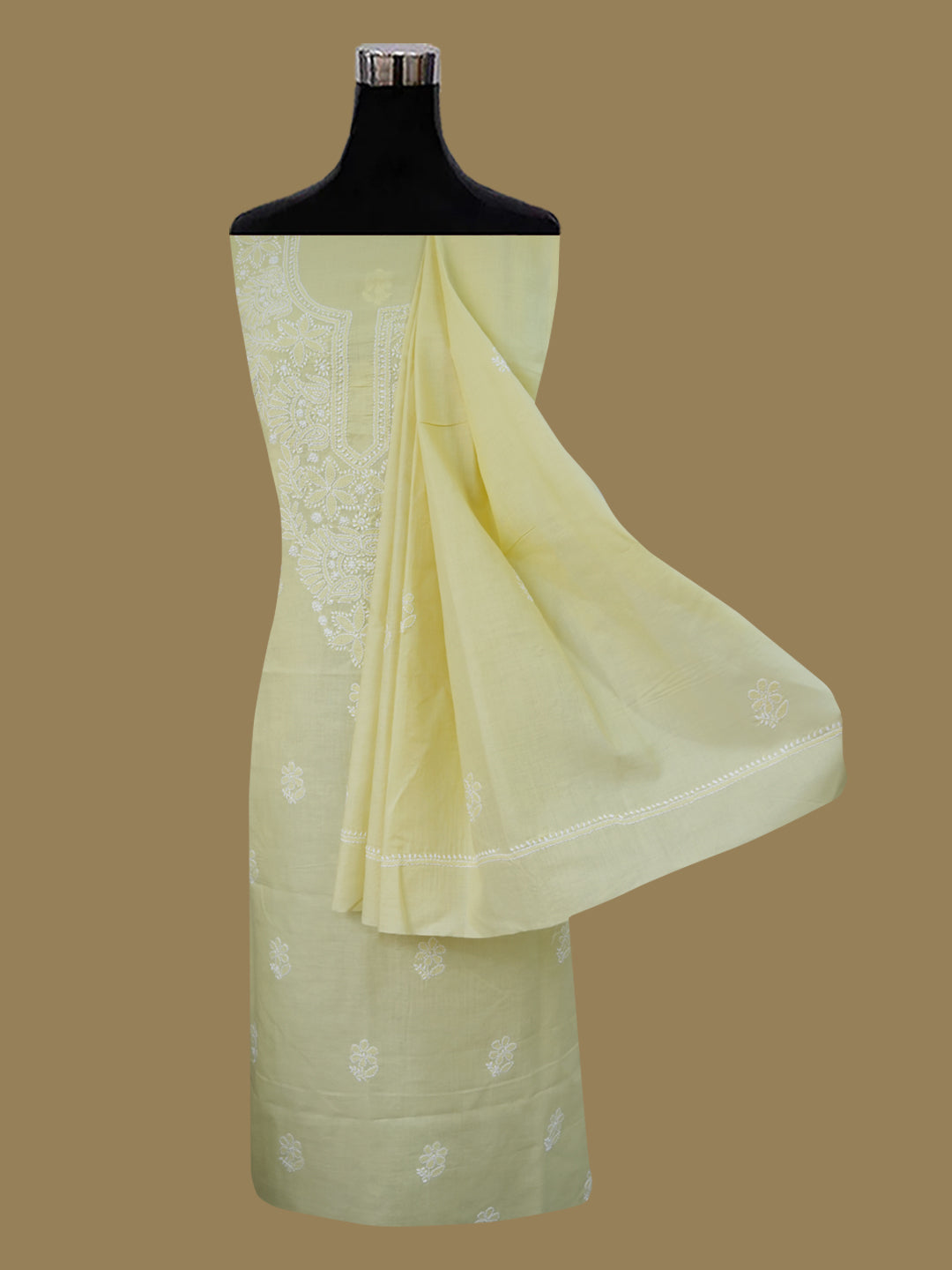 Women Hand Embroidered Chikankari Cotton Dressmaterial PCSCU00104FS-Yellow