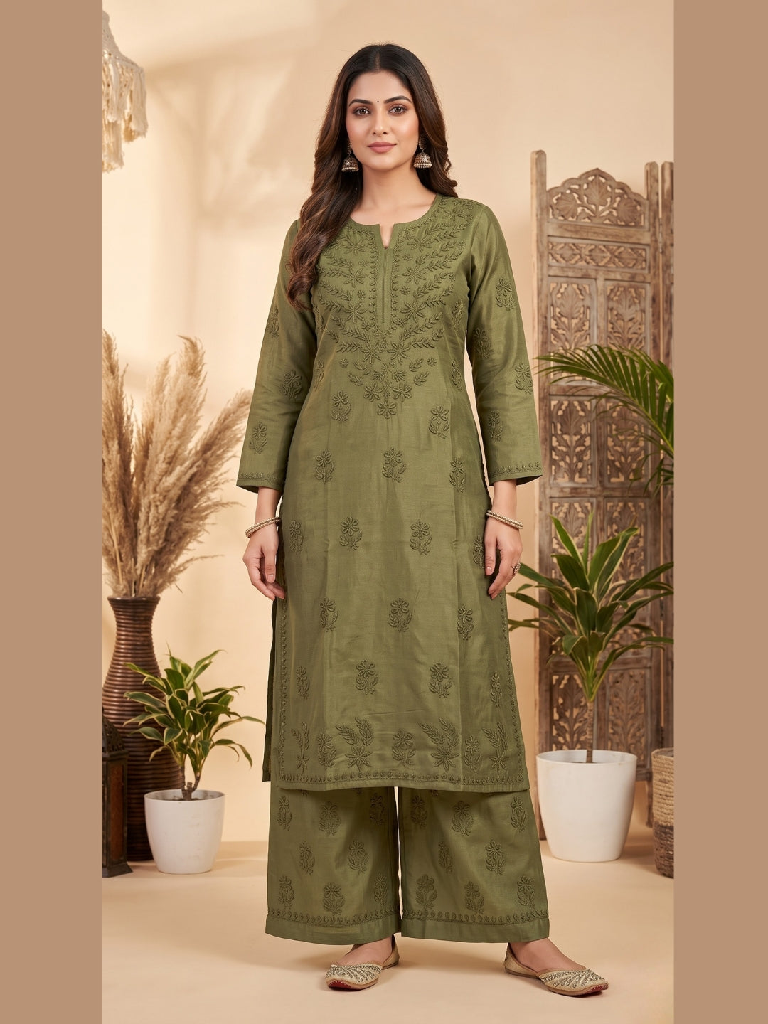 Women Hand Embroidered Chikankari Chanderi Kurta Set PC4119KS