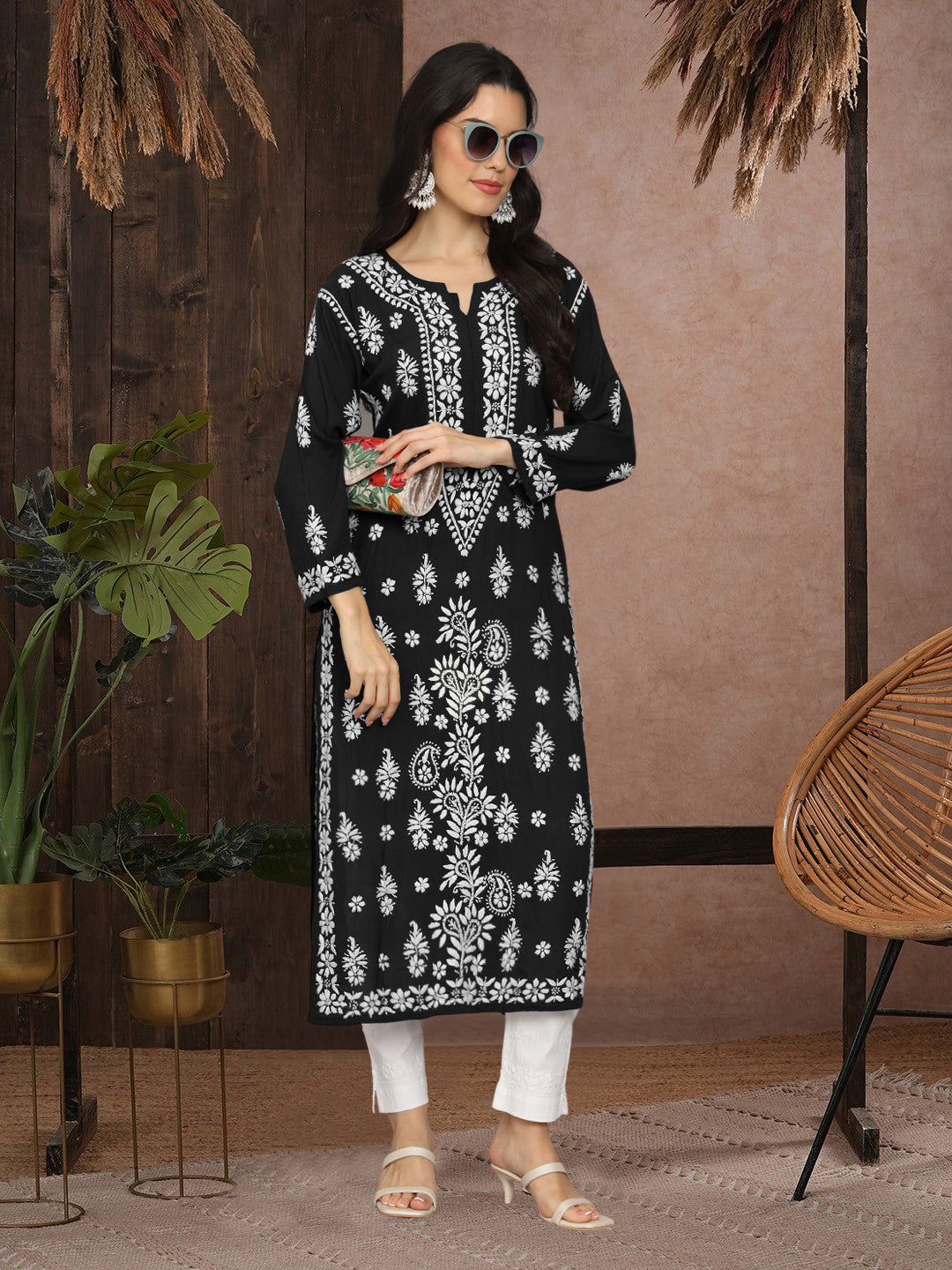 Hand Embroidered Chikankari Modal Straight Kurta- PC4042 Black