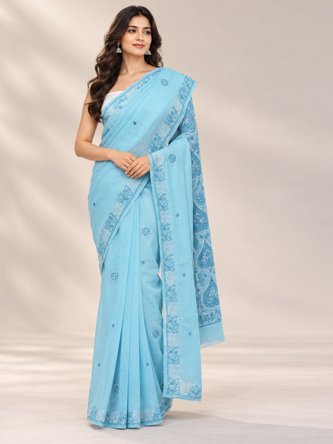 Hand Embroidered Chikankari Cotton Saree PCSAR01 Blue