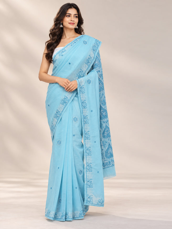 Hand Embroidered Chikankari Cotton Saree PCSAR01 Blue