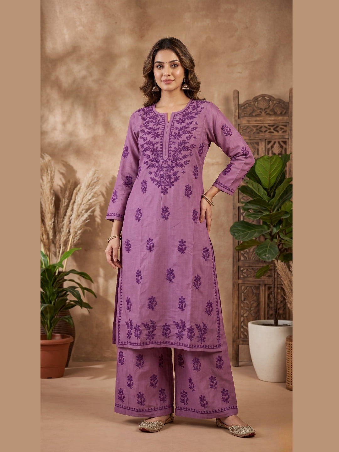 Women Hand Embroidered Chikankari Chanderi Kurta Set PC4119KS
