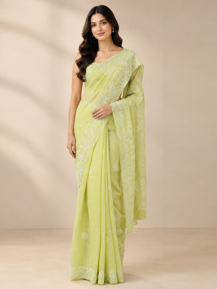 Hand Embroidered Chikankari Cotton Saree PCSAR02 Limegreen