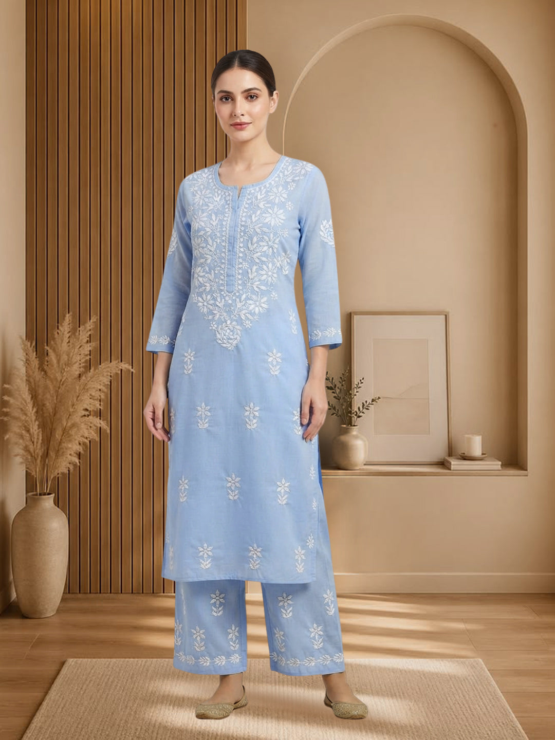 Women Hand Embroidered Chikankari Cotton Kurta Set PC4135KS Denim