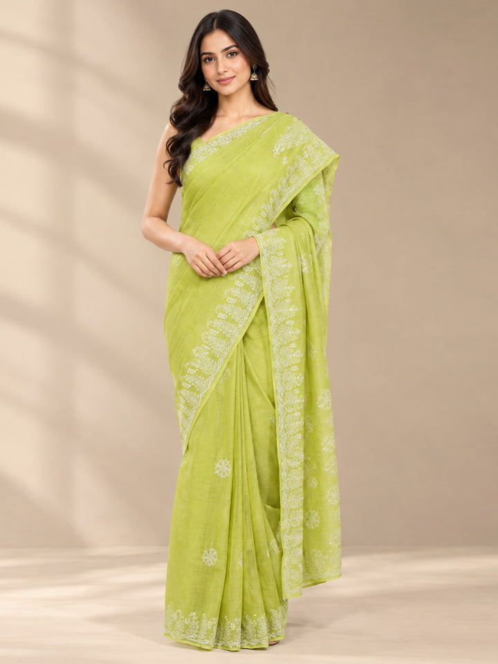 Hand Embroidered Chikankari Cotton Saree PCSAR02 Parrotgreen