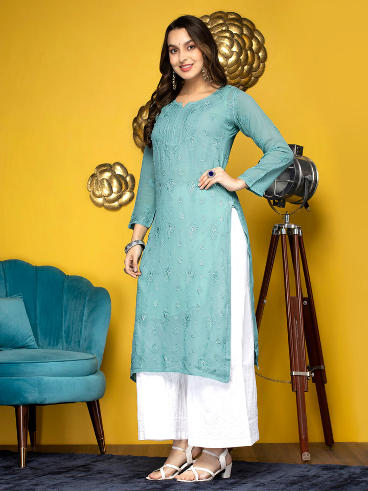 Hand Embroidered Chikankari Viscose Georgette Straight  Kurta- PC3640