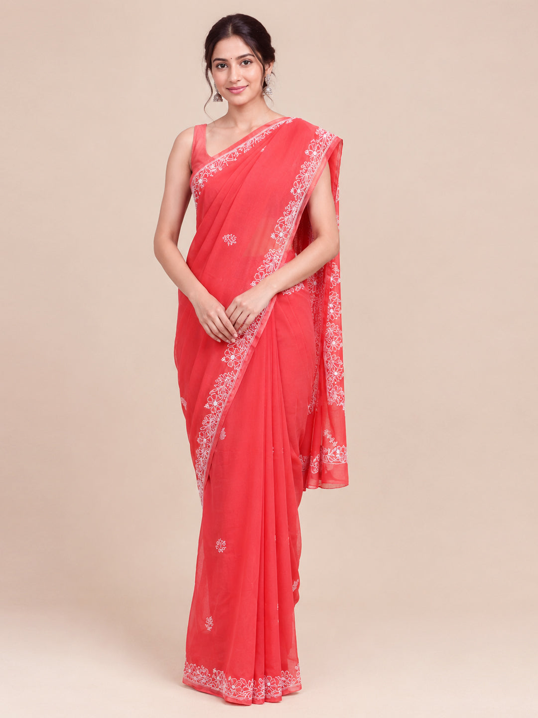Hand Embroidered Chikankari Georgette Saree PCSAR04 Coral