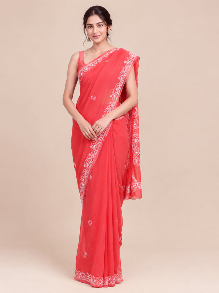 Hand Embroidered Chikankari Georgette Saree PCSAR04 Coral