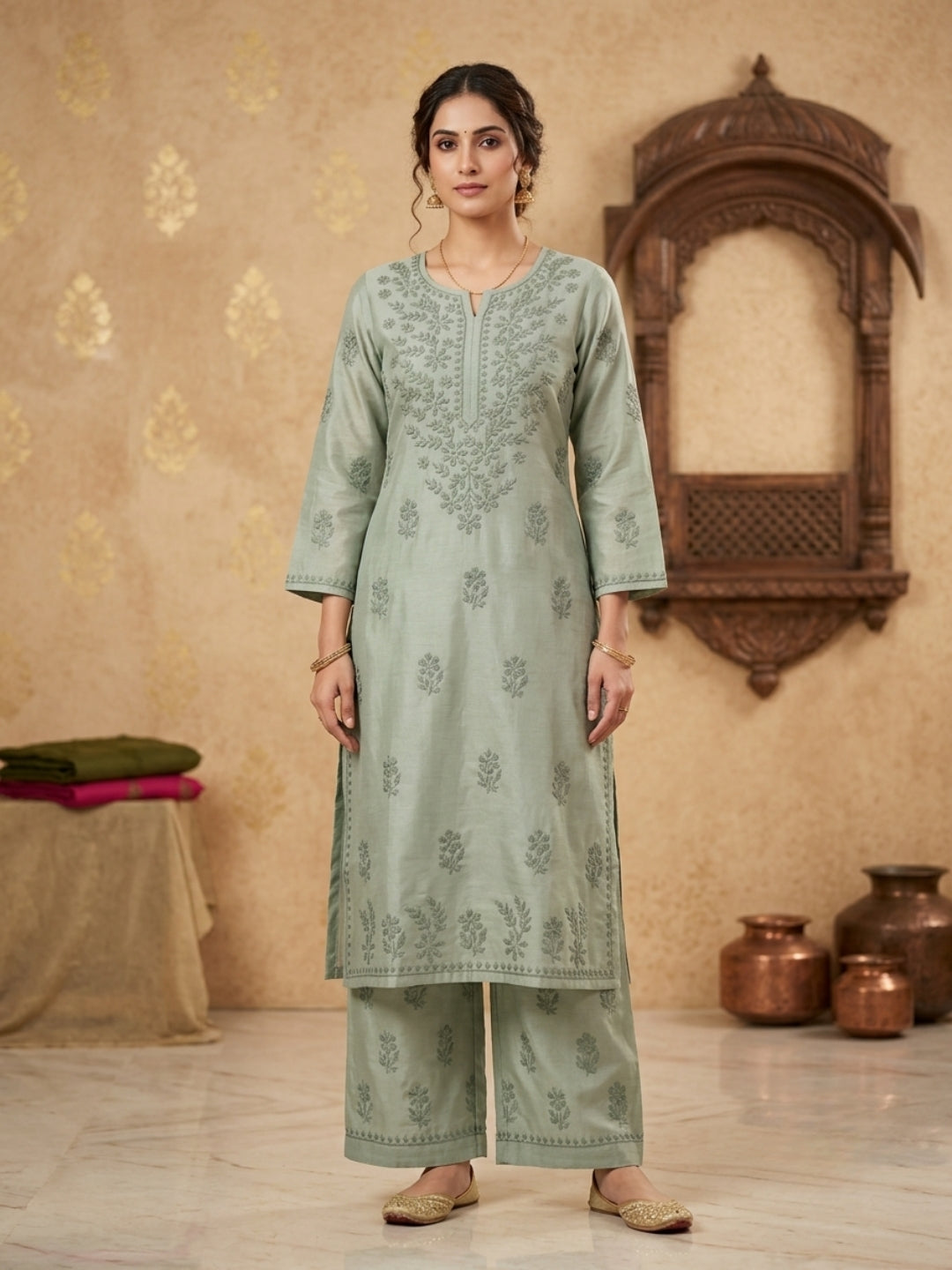 Women Hand Embroidered Chikankari Chanderi Kurta Set PC4119KS