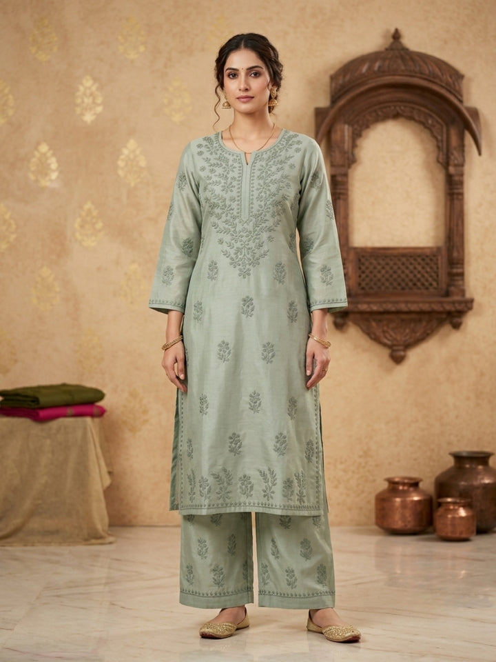 Women Hand Embroidered Chikankari Chanderi Kurta Set PC4119KS