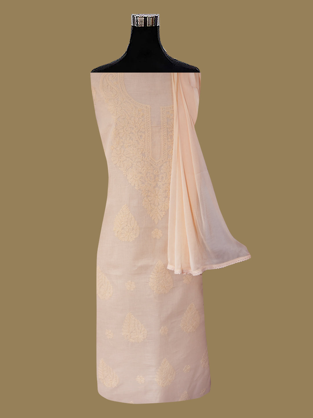 Women Hand Embroidered Cotton Chikankari Dress MaterialPCSCU00406FS-LIGHTPEACH