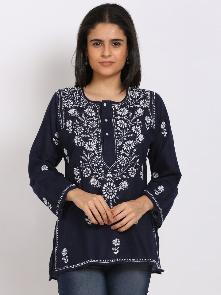 Women Hand Embroidered Chikankari Cotton Kurti-STV115