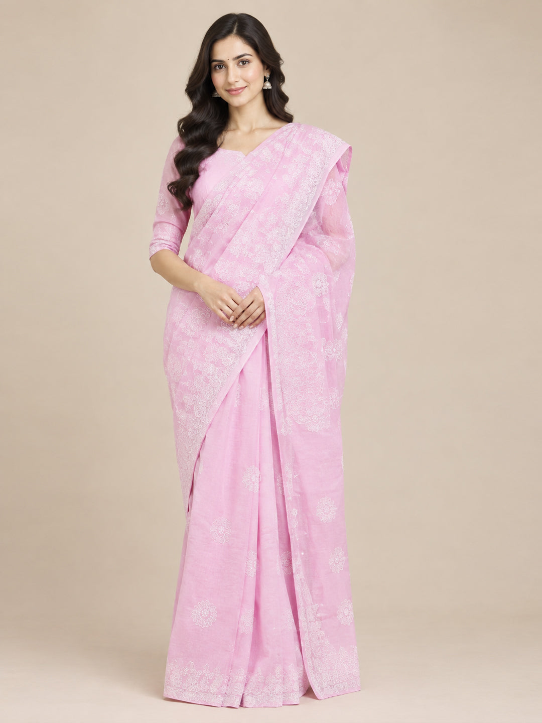 Hand Embroidered Chikankari Cotton Saree PCSAR02 Babypink