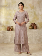 Women Hand Embroidered Chikankari Chanderi Kurta Set PC4119KS Beige