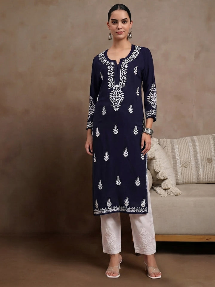 Women Hand Embroidered Chikankari Rayon Kurta PC4076 Navy